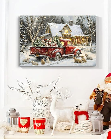 YONICA Christmas Canvas Wall Art 32x24 Inches - Home Decor with Christmas Cabin, Pine Tree, Red Truck & Dog Prints - Winter Painting for Living Room & Bedroom