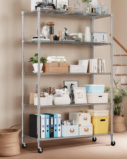 Himimi 60" W Storage Shelves, 5-Tier Wire Shelving with Wheels 3250LBS Heavy Duty Metal Shelves for Storage, Adjustable Wire Rack Shelving for Garage Kitchen Pantry 24" Dx60 Wx82 H, Silver