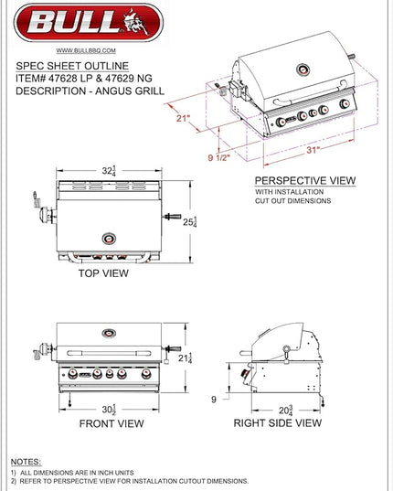 Bull Outdoor Products BBQ 47628 Angus 75,000 BTU Grill Head, LP, 304 Stainless Steel, 4 Burners, 810 sq. Inches, Twin Lights, Rotisserie Kit
