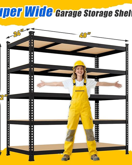 48" W x 24" D x 72" H Garage Shelving Heavy Duty - 5 Tier Metal Storage Shelves, Adjustable Shelving Unit, Utility Rack Shelf for Pantry, Warehouse, Closet, Office, Kitchen, Black