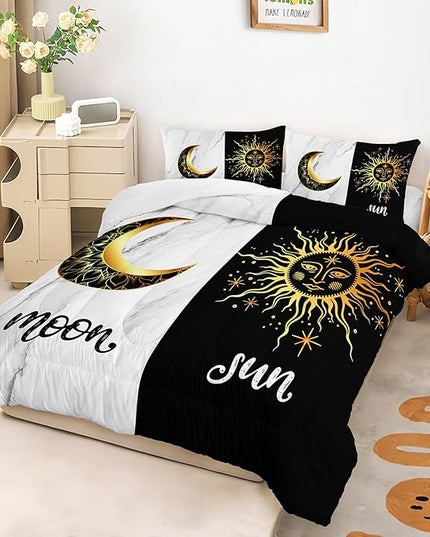 AILONEN Sun and Moon Queen Size Bedding Set,Black and White Marble Print Duvet Set Room Decor 3Pcs,Celestial Boho Comforter with 2 Pillowcases