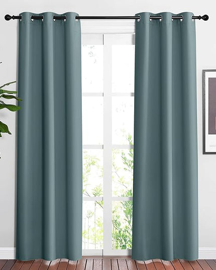 NICETOWN Blackout Greyish Blue Curtains & Drapes for Living Room - Thermal Insulated Solid Grommet Sound Reducing Room Darkening Window Treatments for Bedroom (2 Panels, W37 x L84)