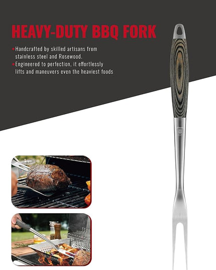 Stainless Steel BBQ Tool Set with Veined-Dyed Wooden Handles | Heavy Duty Grilling Accessories | 3-Piece Outdoor Barbecue Grill Utensil Set with Spatula, Fork, and Tongs - Ideal Gift for Men…