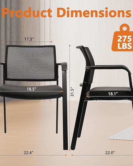 CLATINA Stackable Office Chair, Mesh Back Guest Chairs with Comfortable Leather Seat Arms Stacking Ergonomic Desk Chair No Wheels for Conference Waiting Reception School Stationary, Black, Set of 2