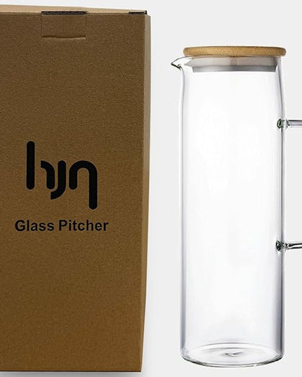 hjn Glass Pitcher with Lid Glass Water Carafe with Handle, Fridge Water Jug Cold or Hot Beverages, Iced Tea, Milk, Juice 1500ml/51oz & bamboo lid