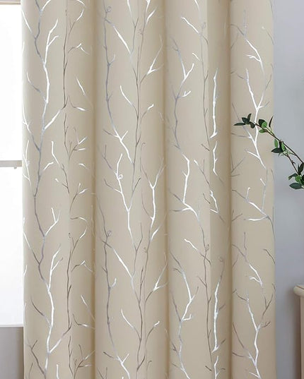 BUHUA Beige Blackout Curtains 84 Inch Lengt Long for Living Room, Room Darkening Curtains with Silver Branch Print, Grommet Thermal Insulated Window Treatment Drapes for Bedroom 2 Panels，66 x 84 Inch