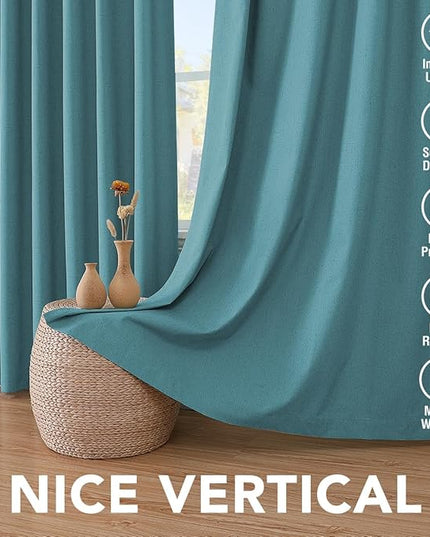 H.VERSAILTEX Linen Blackout Curtains 45 Inches Long 100% Absolutely Blackout Thermal Insulated Textured Linen Look Curtain Draperies Anti-Rust Grommet, Energy Saving with White Liner, 2 Panels, Teal