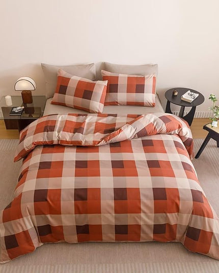 Luxlovery Gingham Red Comforter Set Queen Checkered Bedding Set Women's Bedding Grid Bedding Set Fluffy Soft Cottagecore Khaki and Brick Red Blanket Quilts with 2 Pillowcases Queen Bed
