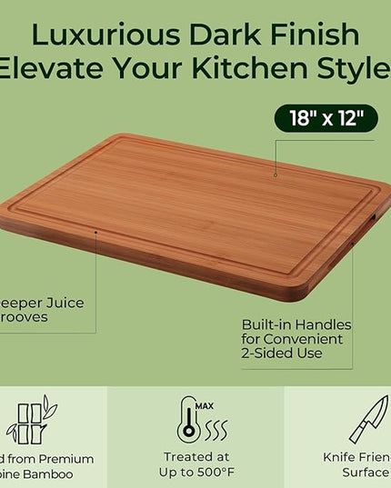 Extra Large Bamboo Cutting Board for Kitchen - 18 Inch Wood XL Cutting Boards with Juice Groove and Handles, Wooden Chopping Board for Meat, Cheese, Fruit & Vegetables (Pre Oiled, Brown)