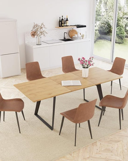 ZckyCine 63"-79" Expandable Dining Table Set for 6, Wood Table & 6 Brown Chairs, Extendable Kitchen Dining Table Set for Kitchen & Dining Room, Modern Oak & Brown
