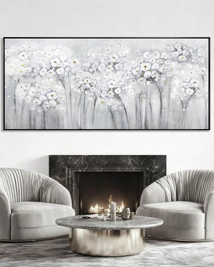 Flower Wood Wall Decor White Wall Art Textured Canvas Painting 32"x70" Decorative Pictures for Bedroom Kitchen Large Artwork