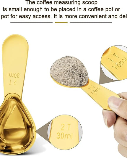 Stainless steel coffee scoop 2-piece set (1 tbsp, 2 tbsp) durable Tablespoon, ergonomic measuring spoon, Suitable for small and large jars，short-handled spoon (Gold)