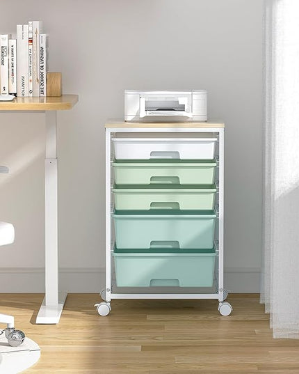 Craft cart,Rolling Cart with Drawers,Storage Cart with 5 Drawers and Wooden Tabletop for Under Desk Organizers and Storage,Green