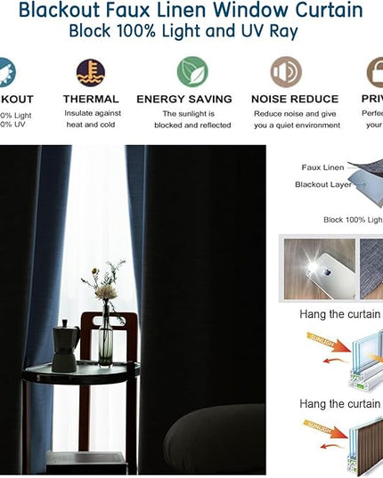 LETAU Pinch Pleats Navy Linen Texture Curtains 108 inches Long, 100% Blackout Privacy Window Curtains Panels Drapery, 84" W x 108" L, 2 Panels