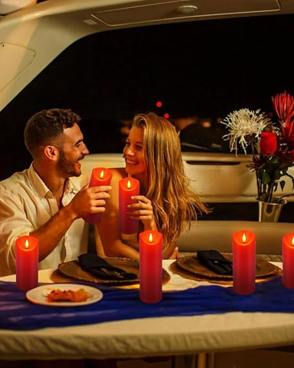 24 Pack Christmas Decoration Flickering Flameless Candles,LED Candles Battery Operated Pillar Candles with Remote Control.for New Year, Home Decor, Parties,Wedding(D2.2 xH 5" 6" 7" Red)