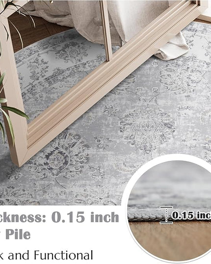 jinchan Fiora Round Rug 4ft Area Rugs Vintage Floral Distressed Design - Machine Washable Non-Slip Low-Pile Ultra-Thin Circle Rug for Entryway Bedside Living Room Dining Room Bedroom (4' Round, Grey)