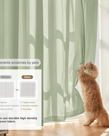 Anmao Non-See-Through Sage Green Privacy Semi Sheer Curtains for Living Room 90 Inch Length 2 Panels Set, Light Filtering That Let Light in Rod Pocket Window Drapes for Bedroom, 52W x 90L, Sage