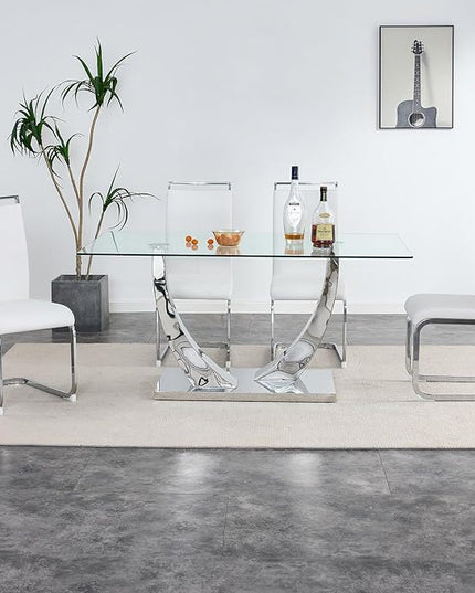63” Dining Set Table and 4 Chairs,Glass Dining Table Set for 4, Tempered Glass Kitchen Table and PU Leather Chairs, Chrome Silver Dining Room Table Set for4