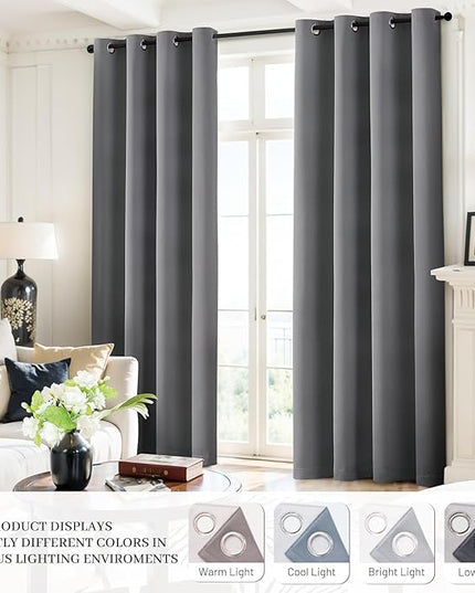 Yakamok Grey Room Darkening 100% Blackout Curtains Grommet Window Treatments with 2 Thick Layers-Gray Thermal Insulated Drapes Set of 2 Panels for Bedroom Living Room 52 Inches by 84 Inches Length