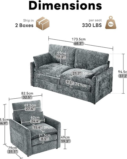 Tbfit Living Room Furniture Set, Loveseat Couch & Accent Chair, Modern Comfy Cloud Sofa Set, Spring Seat Cushions, Chenille Fabric, Gray