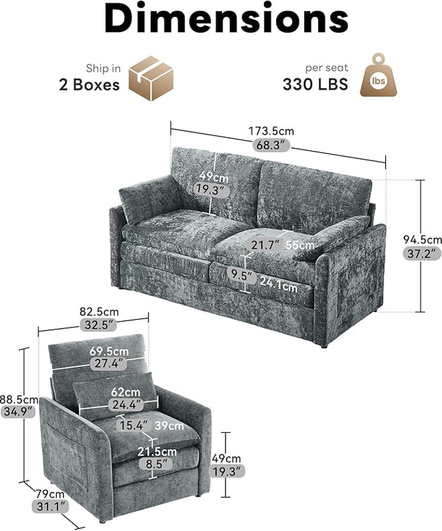 Tbfit Living Room Furniture Set, Loveseat Couch & Accent Chair, Modern Comfy Cloud Sofa Set, Spring Seat Cushions, Chenille Fabric, Gray
