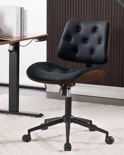 Armless Home Office Chair with Wheels, PU Leather Adjustable Height Computer Desk Chair, 360 Swivel Small No Arms Chair, Modern Button Walnut Style for Office, Reading Meeting Room(Black)