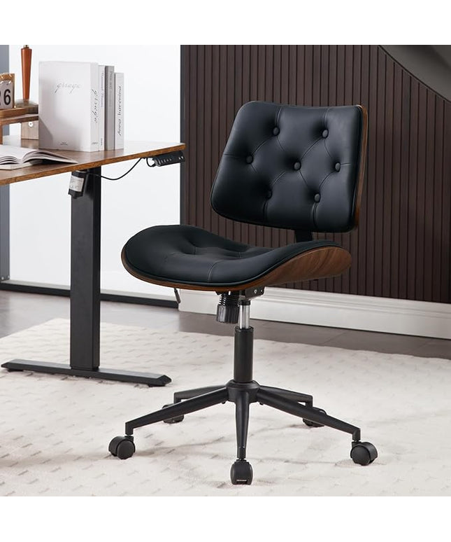 Armless Home Office Chair with Wheels, PU Leather Adjustable Height Computer Desk Chair, 360 Swivel Small No Arms Chair, Modern Button Walnut Style for Office, Reading Meeting Room(Black)