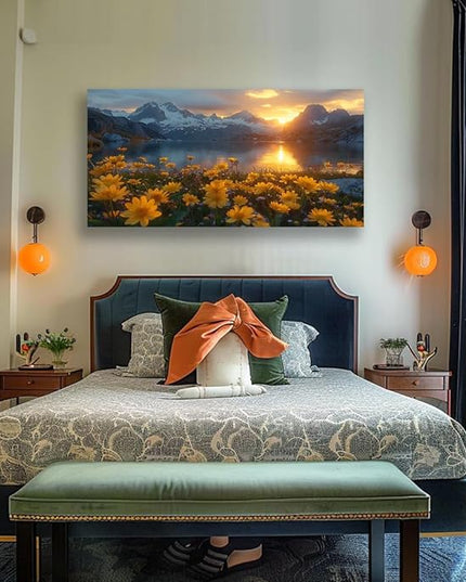 LKY ART Mountain Lake Sunset Wall Art Snow Capped Peaks with Yellow Wildflowers Picture Wall Decor for Living Room Nature Landscape Canvas Prints Poster Artwork Home Decoration