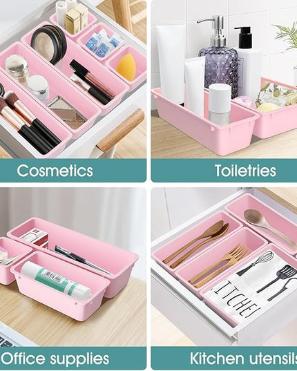 WOWBOX 25 PCS Plastic Drawer Organizer Set, 4 Sizes Desk Drawer Divider Organizers and Storage Bins for Makeup, Jewelry, Gadgets for Kitchen, Bedroom, Bathroom, Office, Pink