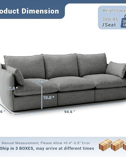 94.6" Cloud Modular Sectional Sofa, Waterproof Down Filled Sectional Sofas, High Backrest 3 Seater Sectional Couches for Living Room, Modern Modular Couch with Removable Cover, Dark Gray