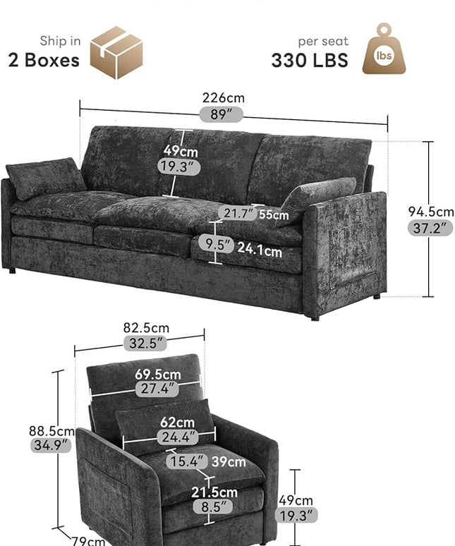 Tbfit Living Room Furniture Set, Standard Sofa & Accent Chair, Modern Comfy Cloud Sofa Set, Spring Seat Cushions, Chenille Fabric, Dark Gray