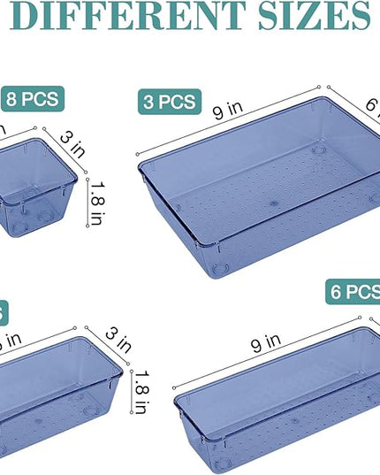 25 PCS Drawer Organizer Set, 5 Varied Size Bathroom and kitchen Drawer cabinet organizer Trays, Clear Storage Bins for Makeup, Jewelry, Utensils and Gadgets, Dark Blue