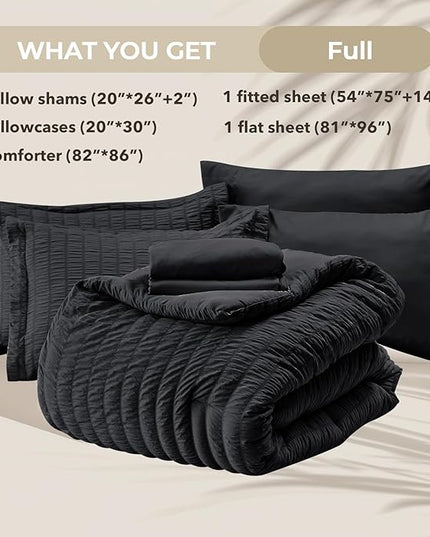 HYMOKEGE Black Full Size Comforter Sets Seersucker 7 Pieces, All Season Luxury Bed in a Bag for Bedroom, Bedding Set with Comforters, Sheets, Pillowcases & Shams