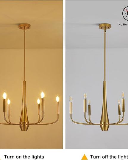 6-Light Gold Farmhouse Chandeliers, Modern Mid Century Candle Pendant Light, Rustic Industrial Metal Hanging Fixture for Dining Room, Kitchen, Bedroom, Living Room, Foyer