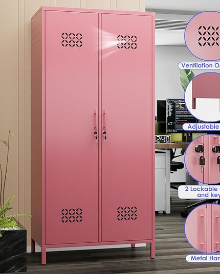 Aobabo Metal Wardrobe Cabinets with Lock, 2 Door Metal Closet wtih 4 Adjustable Shelves and 2 Hannging Rod, Lockable Locker Cabinet, Storage Locker for Home, Office,Pink, Assembly Required