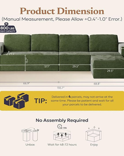 136" Modular Sectional Sofa with L-Shape Chaise, Right/Left Facing Deep Seat Cloud Couch, No Assembly Required, Upholstered Couch for Living Room Bedroom (Green, Plush Corduroy Fabric)
