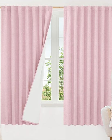 LAMIT 100% Blackout Linen Curtains 63 Inches Long, Linen Textured Living Room Farmhouse Curtains Full Room Darkening Back Tab and Rod Pocket Panels with White Liner, 2 Panels, Pink, 60 x 63 Inch