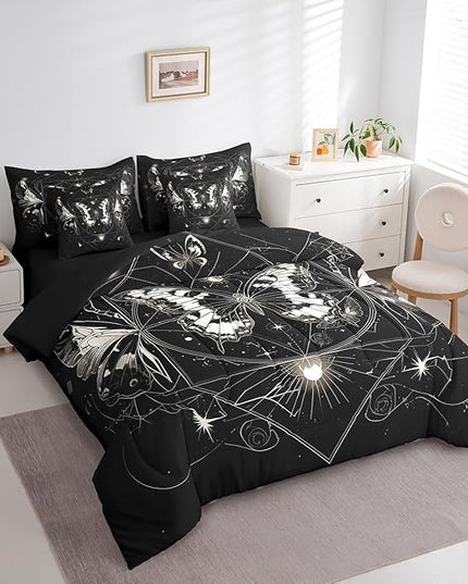 Feelyou Death Moth Kids Comforter Set 7 Pieces, Bohemian Bedding Full with 1 Comforter,1 Fitted Sheet,1 Flat Sheet,2 Pillowcases,2 Throw Pillow Cover, Sun and Moon Galaxy Bed Set for Boys Girl