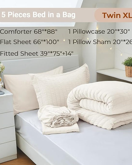 MUXHOMO 5 Pieces Twin XL Comforter Set, Seersucker Bed in a Bag Twin XL Size, All Season Luxury Bedding Set with Comforter, Flat Sheet, Fitted Sheet, Pillowcase & Sham, Ivory