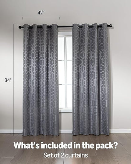 Amazon Basics Jacquard 2-Piece 100% Blackout Curtains, Living Room and Bedroom Drapes, Thermal Insulated Window Treatment, 42"x84", Grey
