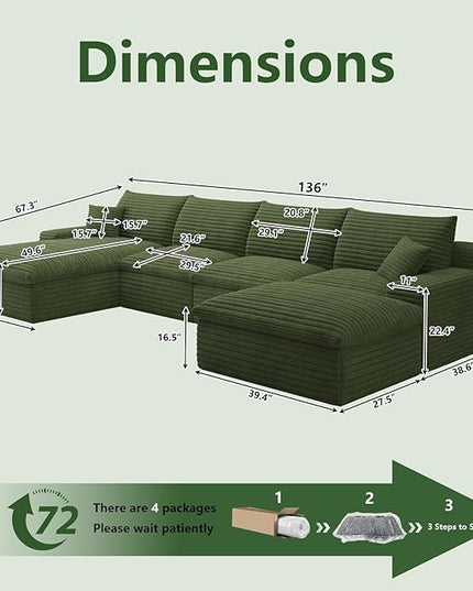136" Cloud Couch Modular Sectional Sofa for Living Room, U-Shape Boneless Couch with Deep Seat, Modern Corduroy 4-Seater with Ottoman, No Assembly Required (Green,Left-Facing Chaise)