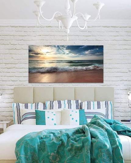 Ocean Beach Pictures Canvas Wall Art Decor for Living Room Paintings Bedroom Home Decorations Modern Stretched and Framed Seascape Waves Landscape Canvas Prints Artwork (24inchx48inch, Beach1)