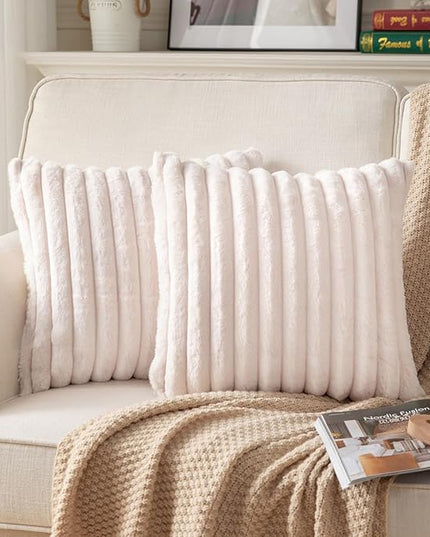 DEELAND Pack of 2,Double-Sided Faux Fur Plush Decorative Throw Pillow Covers Fuzzy Striped Soft Pillowcase Cushion Covers for Sofa Couch Bedroom Beige 18x18 inch
