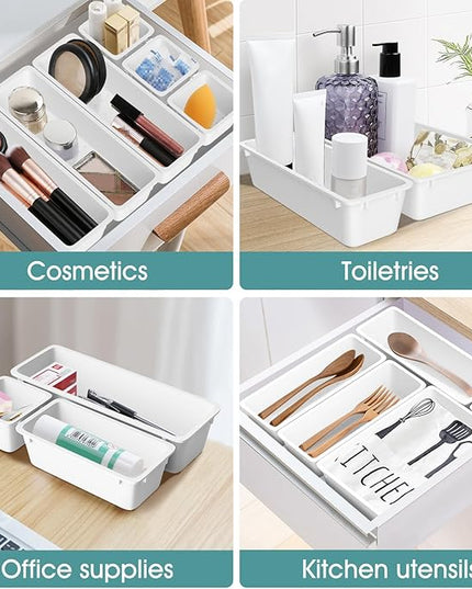 WOWBOX 25 PCS Plastic Drawer Organizer Set, 4 Sizes Desk Drawer Divider Organizers and Storage Bins for Makeup, Jewelry, Gadgets for Kitchen, Bedroom, Bathroom, Office, White
