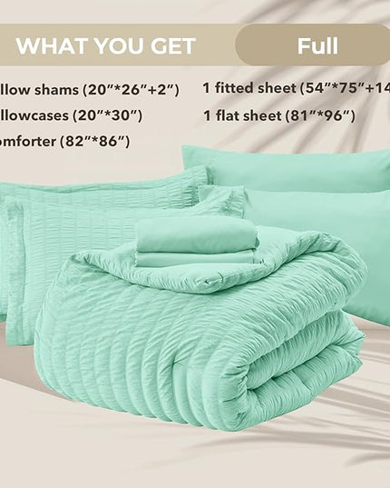 HYMOKEGE Mint Green Full Size Comforter Sets Seersucker 7 Pieces, All Season Luxury Bed in a Bag for Bedroom, Bedding Set with Comforter, Sheets, Pillowcases & Shams