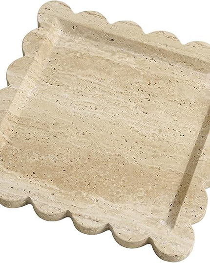 Natural 100% Marble Vanity Tray Luxury Scalloped Marble Tray, Travertine Tray for Home Decor Bathroom Kitchen Candle Key (Square-9.8 * 9.8-Beige Travertine)