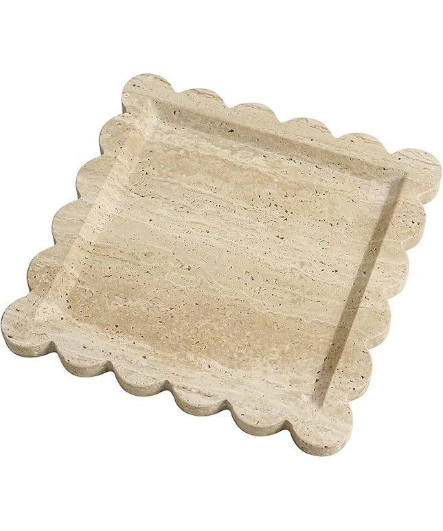 Natural 100% Marble Vanity Tray Luxury Scalloped Marble Tray, Travertine Tray for Home Decor Bathroom Kitchen Candle Key (Square-9.8 * 9.8-Beige Travertine)