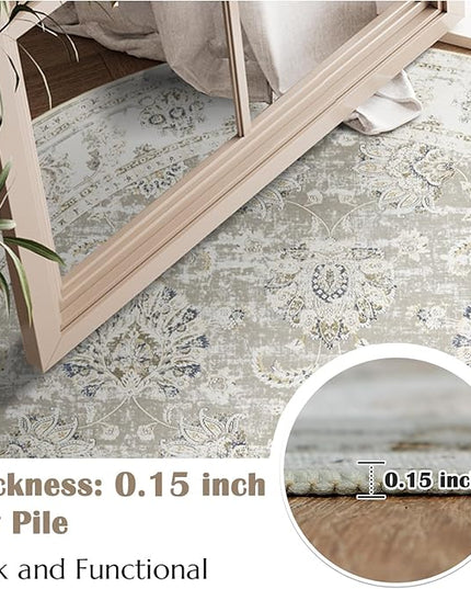 jinchan Fiora Round Rug 6ft Area Rugs Vintage Floral Distressed Design - Machine Washable Non-Slip Low-Pile Ultra-Thin Circle Rug for Entryway Bedside Living Room Dining Room Bedroom (6' Round, Taupe)