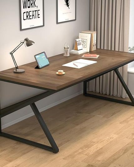 HSH Large Home Office Desk, Modern Wood Metal Computer Desk for Two Person, Extra Long Executive Writing Study Gaming Double Desk Workstation, 70 Inch Rustic Bedroom Living Room Table for 2 Monitors