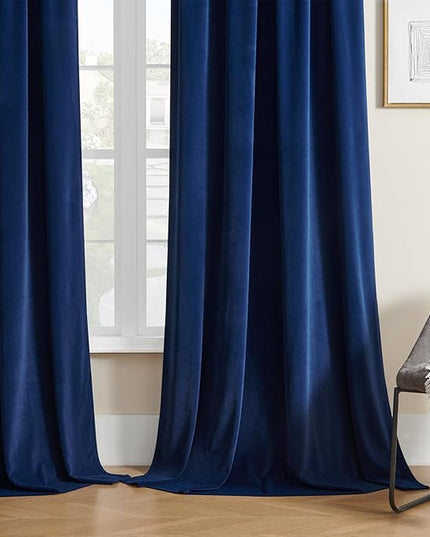 Joydeco Blue Velvet Curtains 63 inch Length 2 Panels Burg Set, Luxury Rod Pocket Thermal Insulated Window Blackout Curtain, Room Darkening Drapes for Living Dining Room Bedroom Privacy